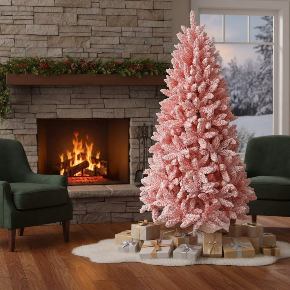 Shatchi Pink Flocked Christmas Tree with Snow Effect Branch Tips – 4