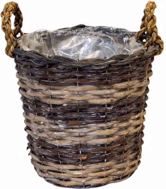 Four Candle Brown Willow Round Basket with Braided Handles and Plastic Lining, Diameter: 25 cm
