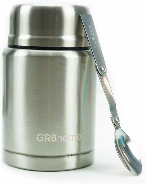 Gr8 Home Silver Vacuum Insulated Food Flask with Spoon, 500ml, Leakproof and BPA Free