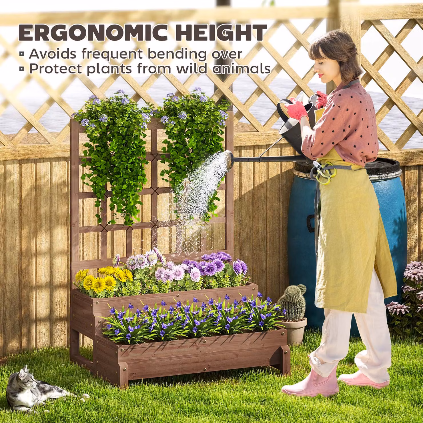 Outsunny 2-Tier Wooden Raised Garden Bed with Trellis and Drainage Holes, Brown, W/D/H: 121 x 66 x 88 cm – 5
