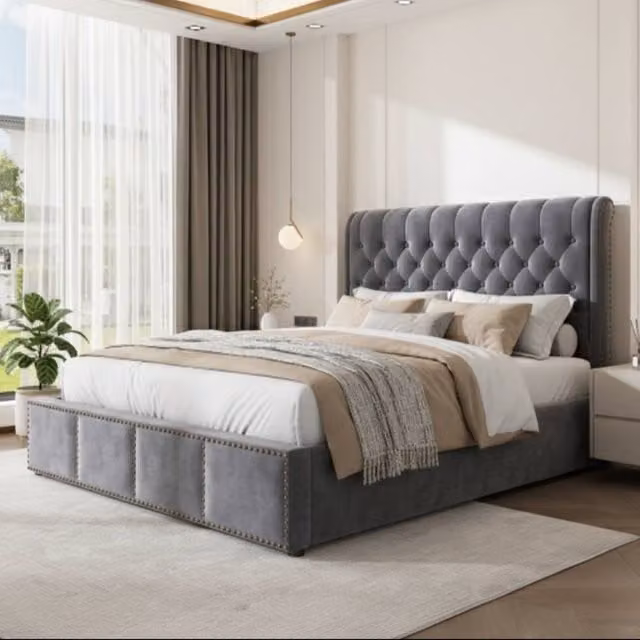 BTM Grey Velvet Upholstered Super King Storage Bed with Lift Up Base – 1