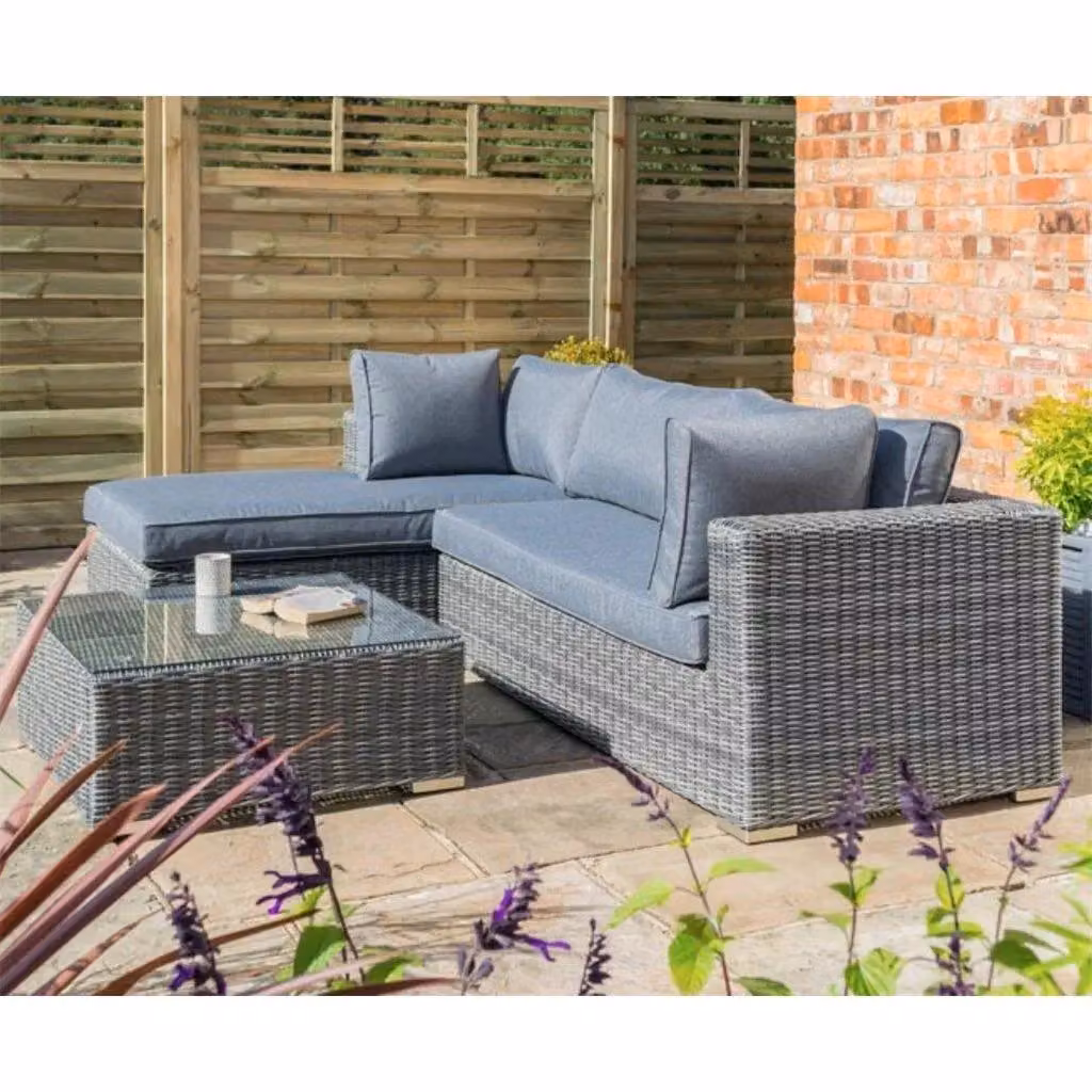 Cheshire 4 Seater L-Shape Garden Lounger Set in Mid Grey Weave with Scatter Cushions – 2