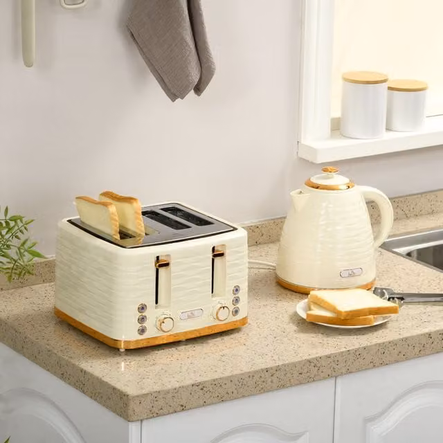 HOMCOM Ceramic Kettle and Toaster Set in Beige, 1.7 l