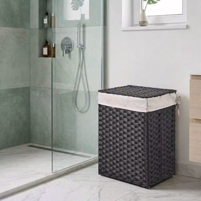 Wyld and Coco Wicker Laundry Basket with Lid and Removable Liner, 83L, Black