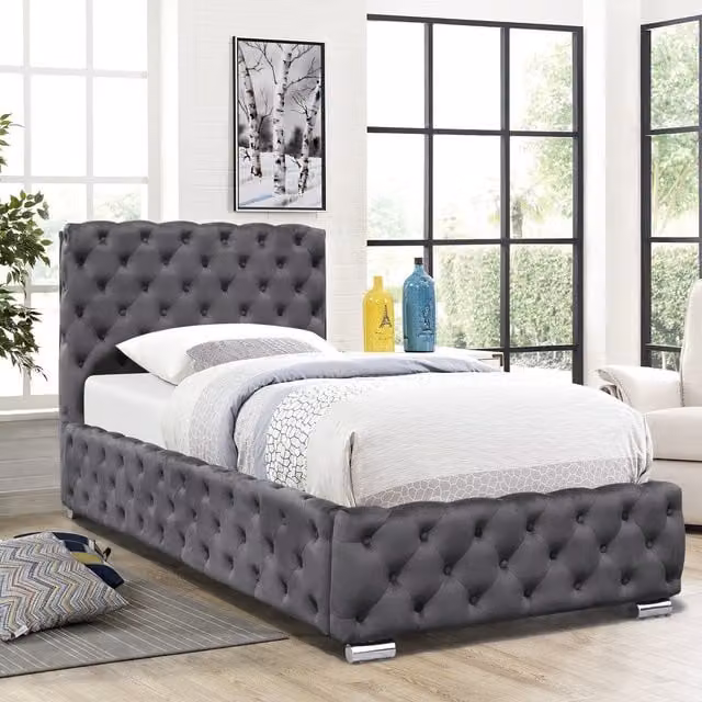 Comfy Living Chesterfield Tufted Fabric Bed Frame, Grey, W/D/H: 90 x 190 cm