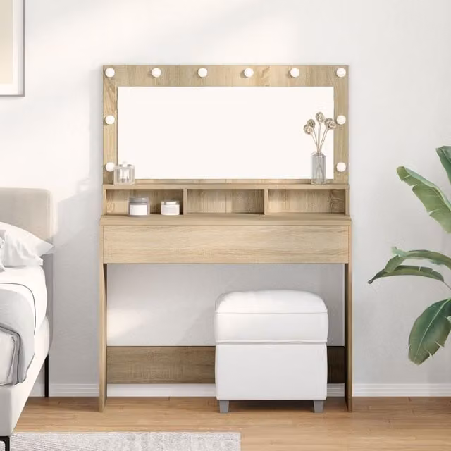 Berkfield Home Modern Dressing Table with Hollywood LED Lights in Sonoma Oak Brown, W: 100 cm, D: 41 cm, H: 135 cm – 1