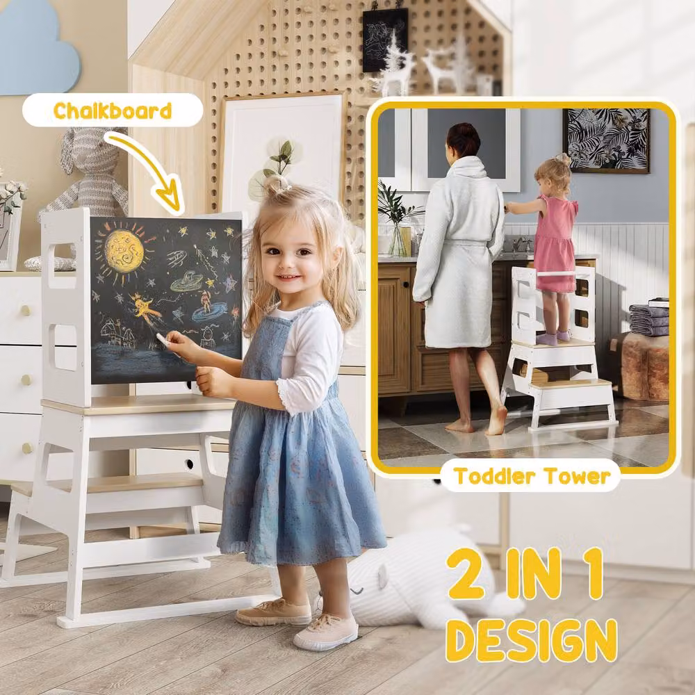 STILVORA Toddler Standing Tower with Blackboard in White – 7