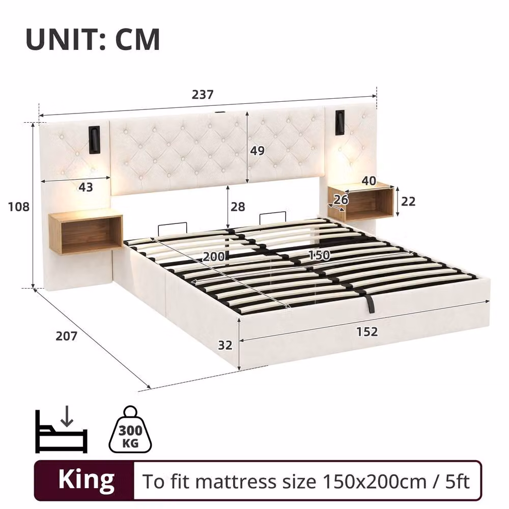 Merax King Size Upholstered Ottoman Storage Bed in Beige with LED Lighting, Bedside Shelves and USB Charging Ports, 180 x 200 cm – 4