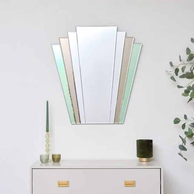 Melody Maison Art Deco Geometric Glass Wall Mirror in Green and Brown, W: 75 cm, H: 68 cm