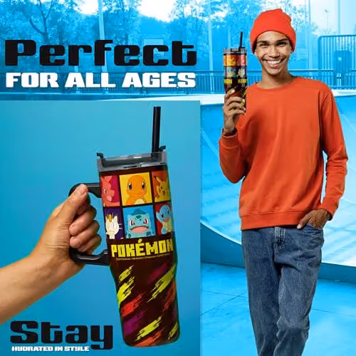 Pokemon Insulated Travel Mug with Straw and Handle, Black and Multicolour, 940ml – 4