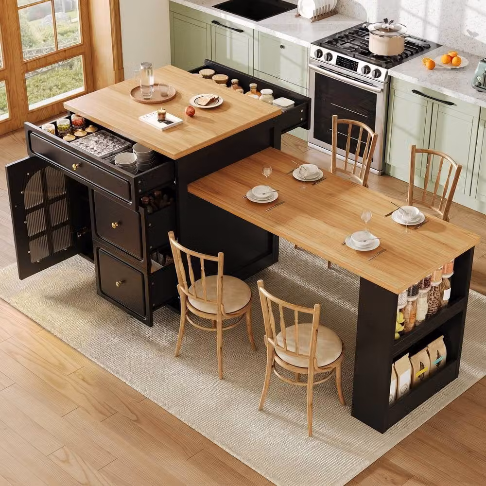 Rolipo Extendable Kitchen Island Bar Table with Storage, Glass Doors and Integrated LED Light in Matt Black – 3