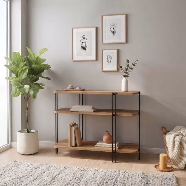 Decortie Notus Open Console Table with Metal Frame in Whiskey Oak and White
