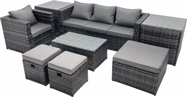 Fimous 7 Seater U-Shape Outdoor Rattan Sofa Set with Coffee Table and Ottoman in Dark Grey Mixed