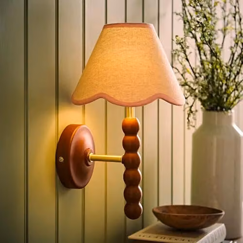 ValueLights Bobbins Walnut Bobble Wall Light with Baby Pink Linen Lamp Shade – 2