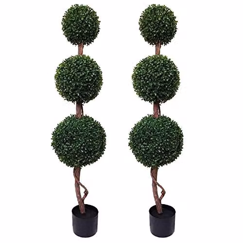 GreenBrokers Set of 2 Triple Ball Artificial Boxwood Topiary Trees, Green, Height: 120 cm – 1