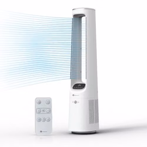 PureMate Bladeless Tower Fan in White with DC Motor, Remote Control, Timer, Sleep Mode and Oscillation