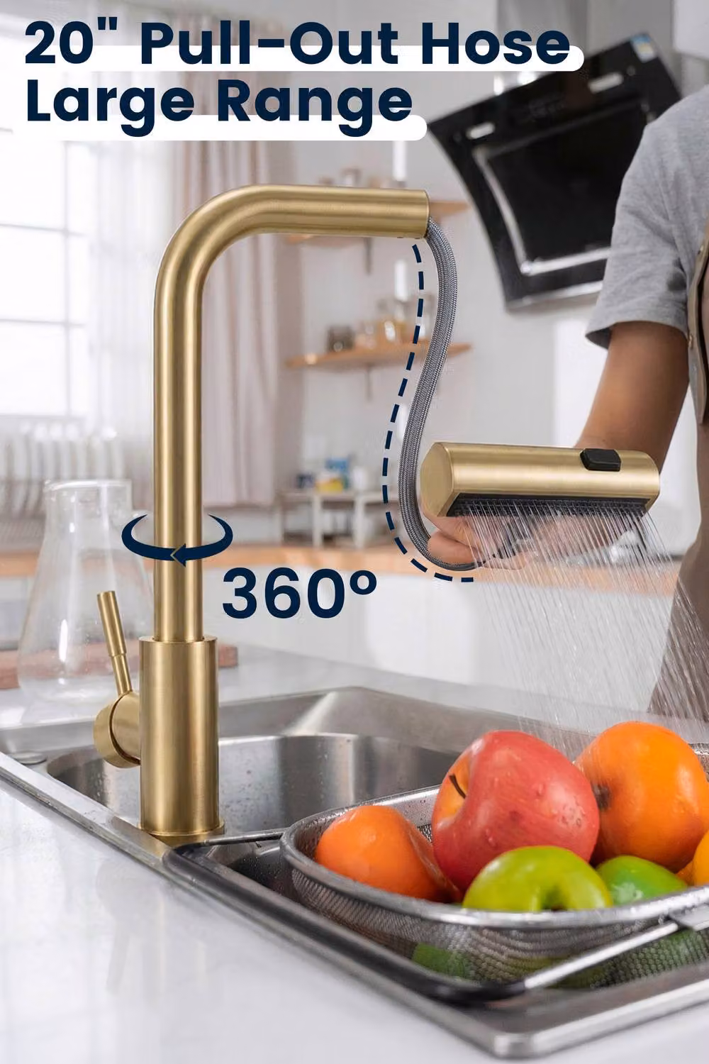 JANLEMNY Brushed Gold Waterfall Pull-Out Spray 3-Function Kitchen Mixer Tap – 4