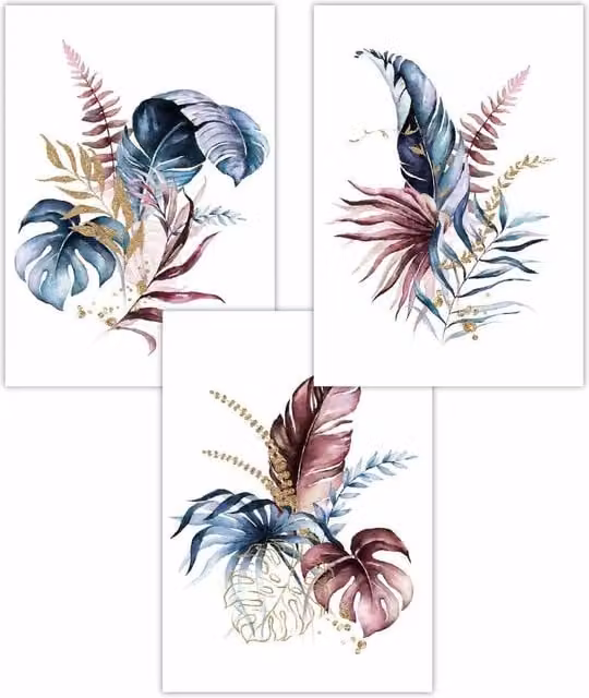 ARTZE Set of 3 Boho Botanical Leaves Wall Art Posters in Blue, Pink and Gold, W: 42 cm, H: 59 cm