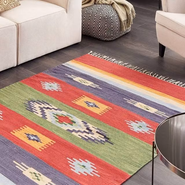 Wyld and Coco Multicolour Kilim Handwoven Cotton Rug, Reversible Flat Weave with Tassels, W: 140 cm, L: 200 cm