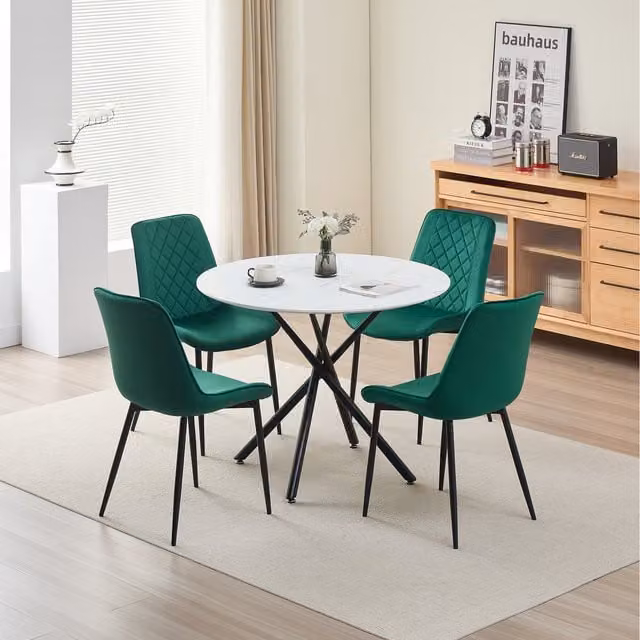 Madefor.living Seattle Round Marble Dining Table and 4 Amelia Velvet Chairs in Green