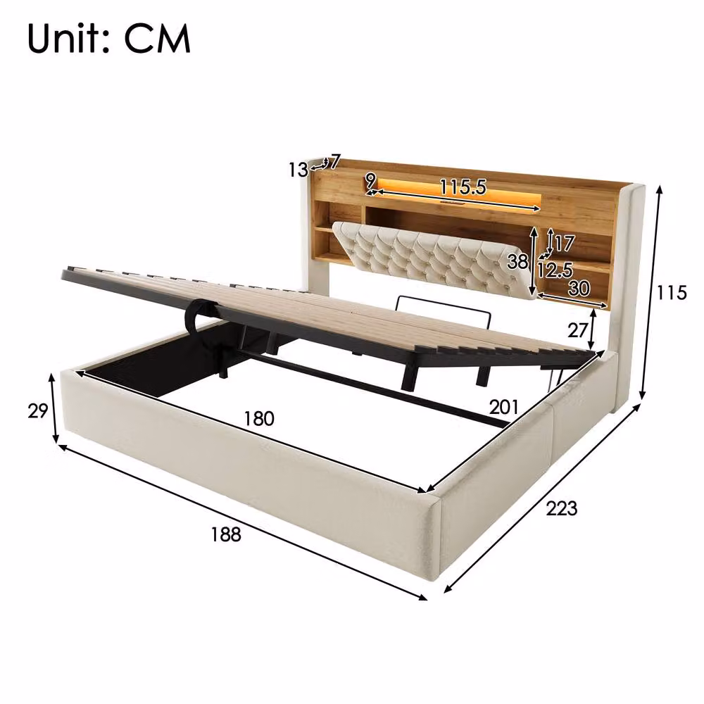 Matteo Super King Upholstered Bed in Beige with Hydraulic Storage, LED Lighting, and USB Charging Ports, W/D/H: 200 x 200 cm – 2