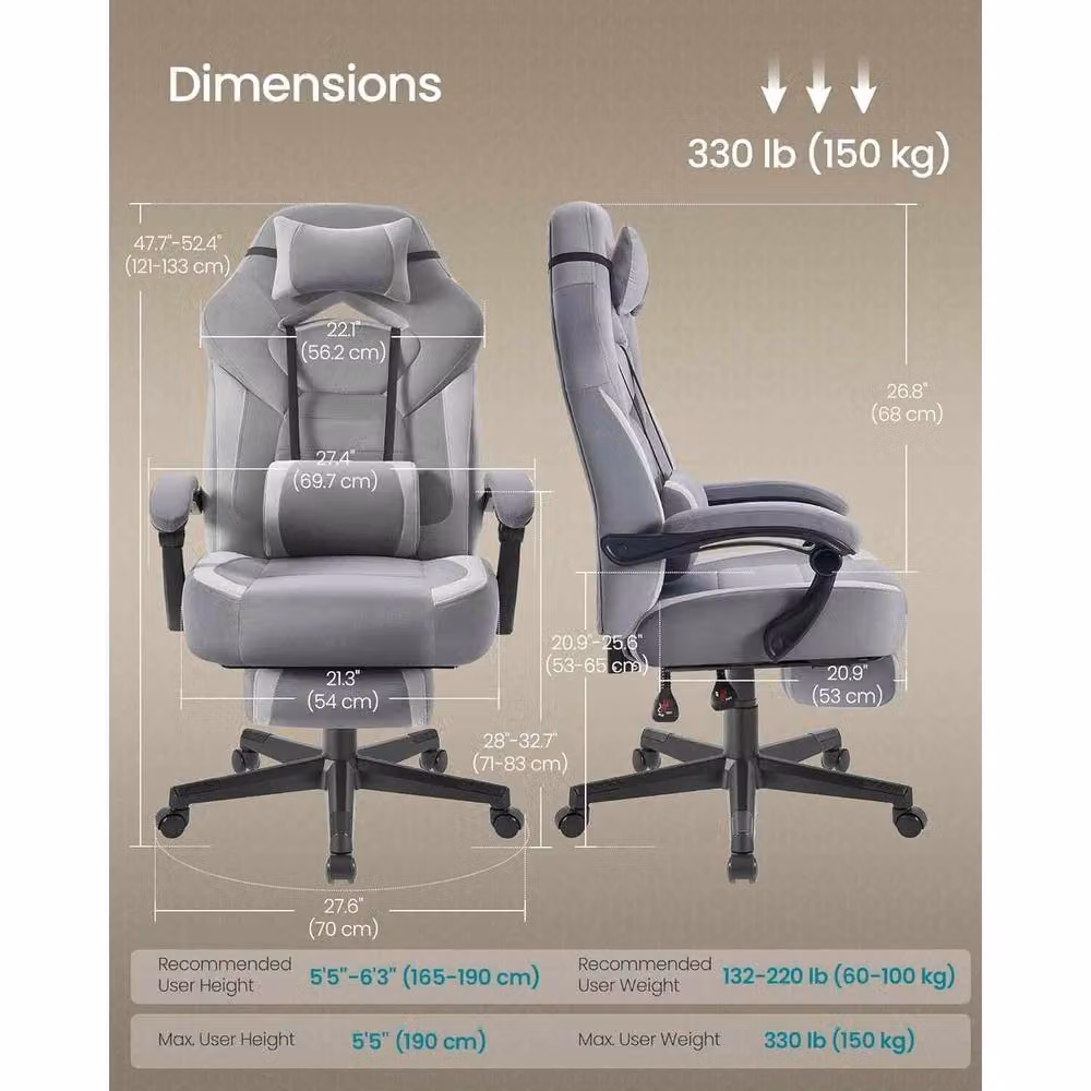 The Bazaarist Ergonomic Grey Velvet Fabric Gaming Chair with Headrest and Armrests – 3