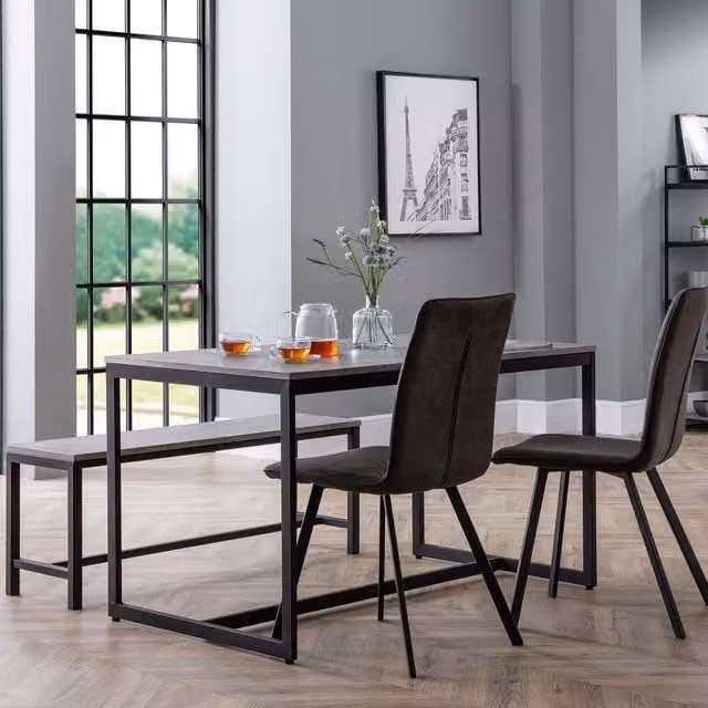 Julian Bowen Staten Rectangular Dining Set with Table, Bench and Monroe Chairs in Grey and Black Industrial Style
