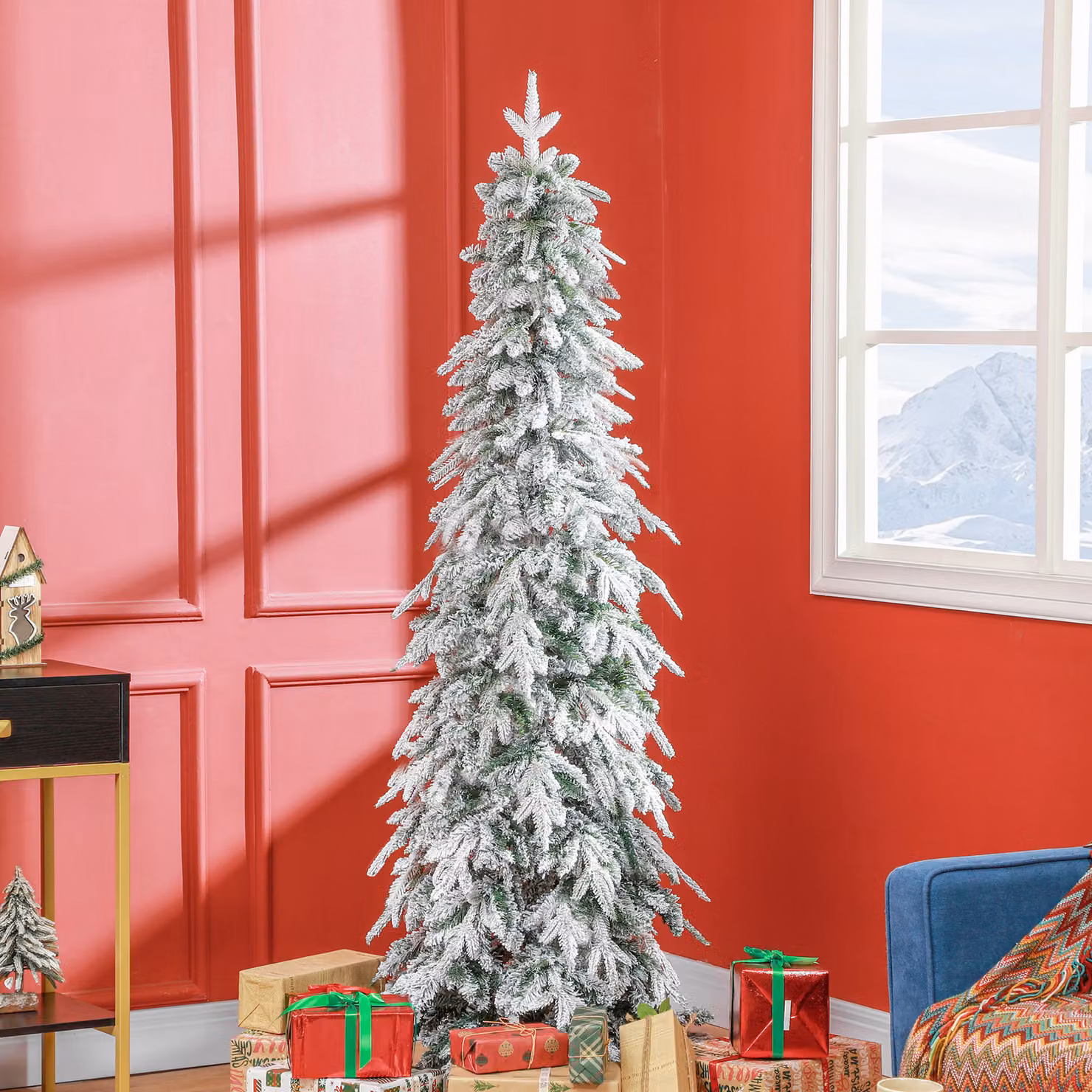 HOMCOM 6 Ft Snow Flocked Christmas Tree with Downswept Branches and 600 Tips in Green and White – 2