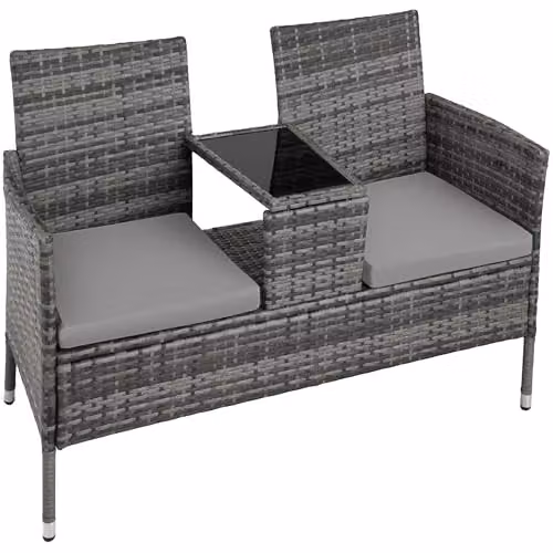 tectake Poly Rattan Outdoor Bench with Integrated Table and Cushions, Grey, W/D/H: 133 x 63 x 84 cm