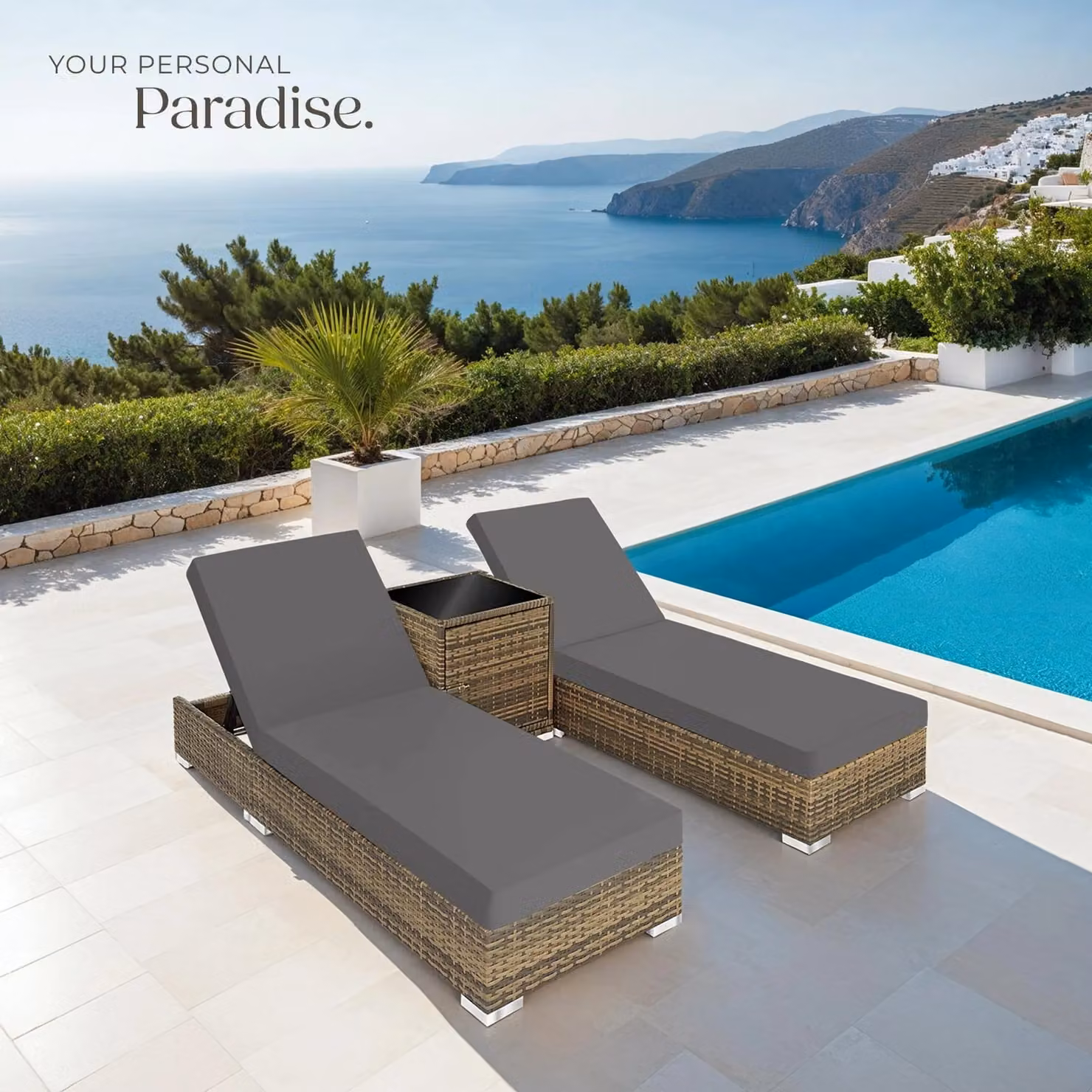 tectake Nautica Set of 2 Aluminum Rattan Lounge Chairs in Natural with Weatherproof Cushions and Side Tray – 6