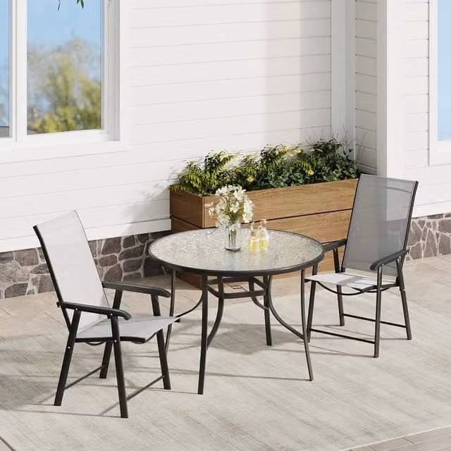 Komore Modern Garden Bistro Set with Round Glass Table and 2 Folding Chairs in Black
