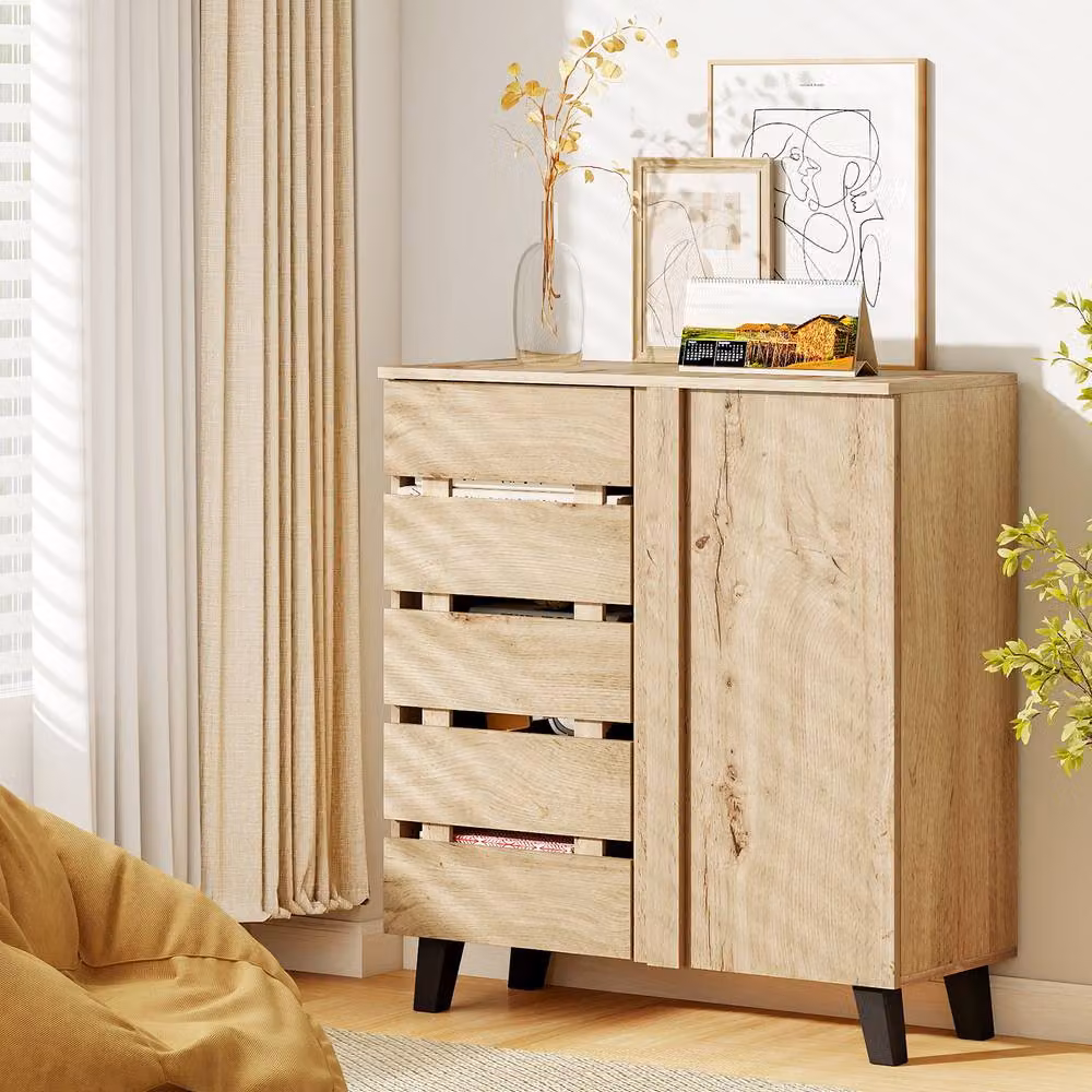 Costway 4-Tier Rustic Brown Wooden Shoe Cabinet with Hinged Doors and Ventilation – 2