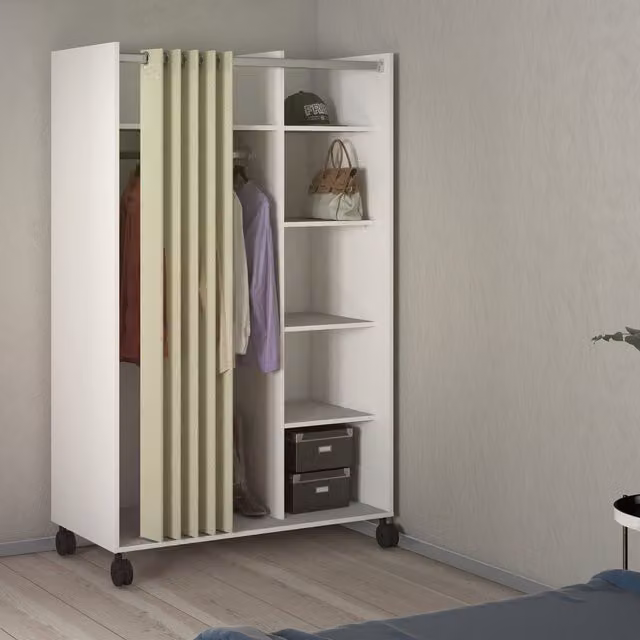 Furniture To Go Uppsala Open Mobile Wardrobe Unit with Textile Curtain on Wheels, White