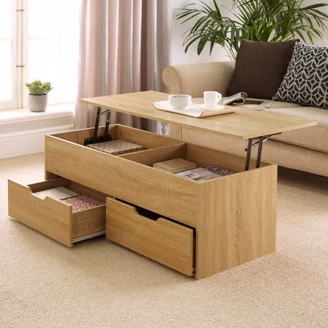 Home Source Bruges Modern Rectangular Coffee Table with Lift-Up Storage and 2 Drawers in Light Oak