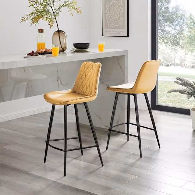 FurnitureboxUK Pesaro Set of 2 Velvet Upholstered Kitchen Breakfast Bar Chairs in Yellow with Black Metal Legs