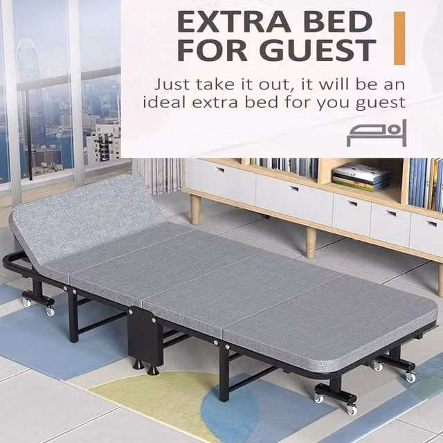 PAWNORA Single Foldable Guest Bed with Mattress in Grey, W/D/H: 90 x 190 cm