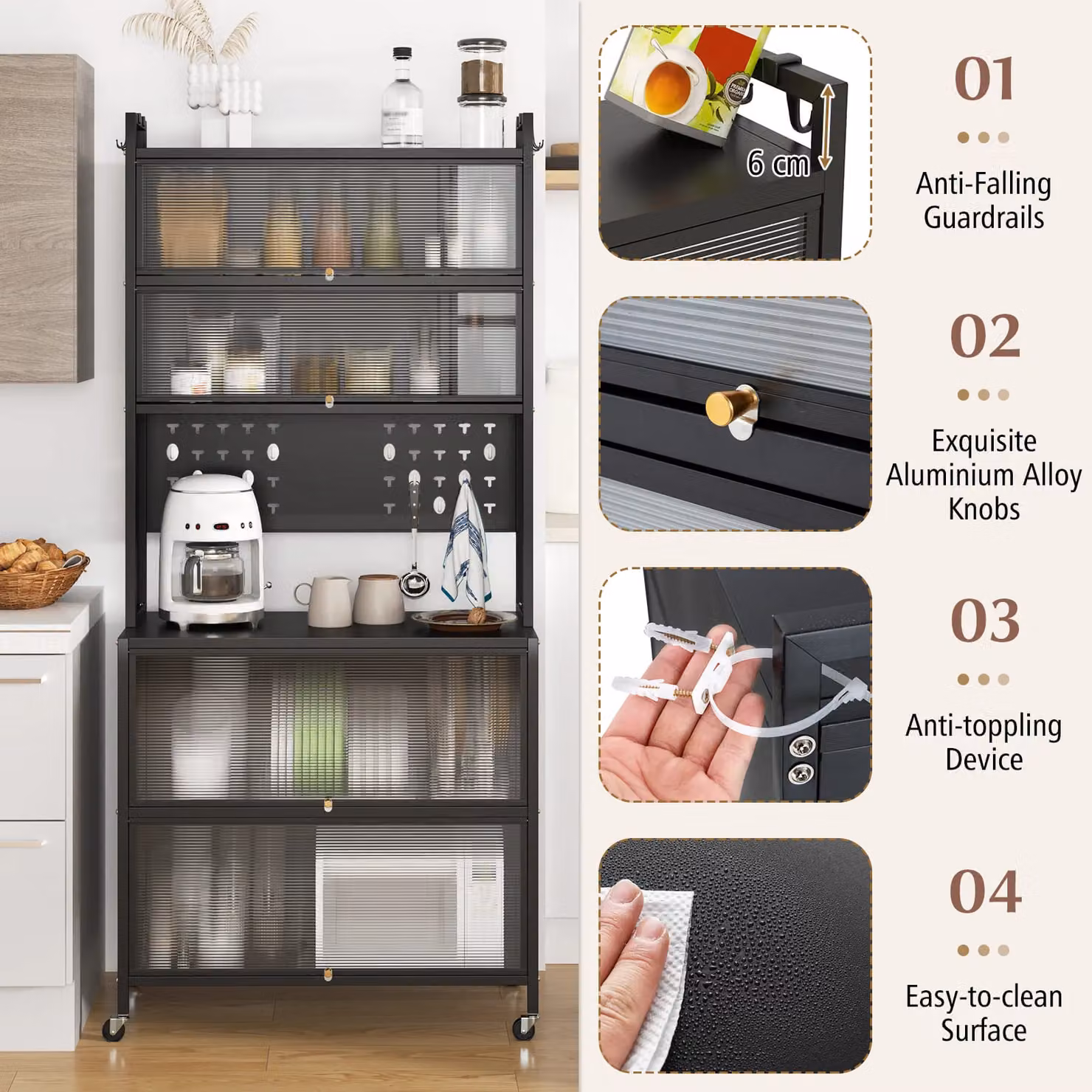 Costway 6-Tier Kitchen Pantry Cabinet Buffet with Hutch and Hooks in Black – 8