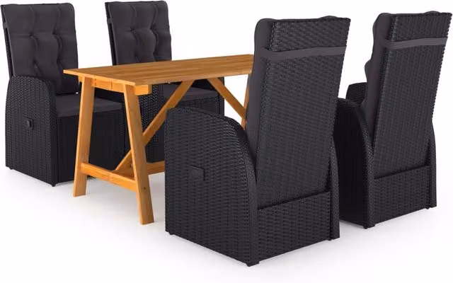 Berkfield Home 5 Piece Modern Garden Dining Set with Black Poly Rattan and Oiled Acacia Wood
