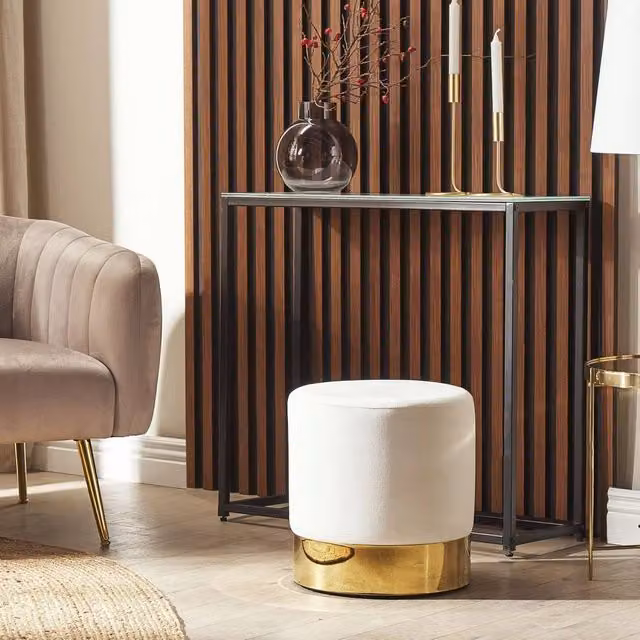 Wyld and Coco White Velvet Round Footstool with Gold Metal Frame