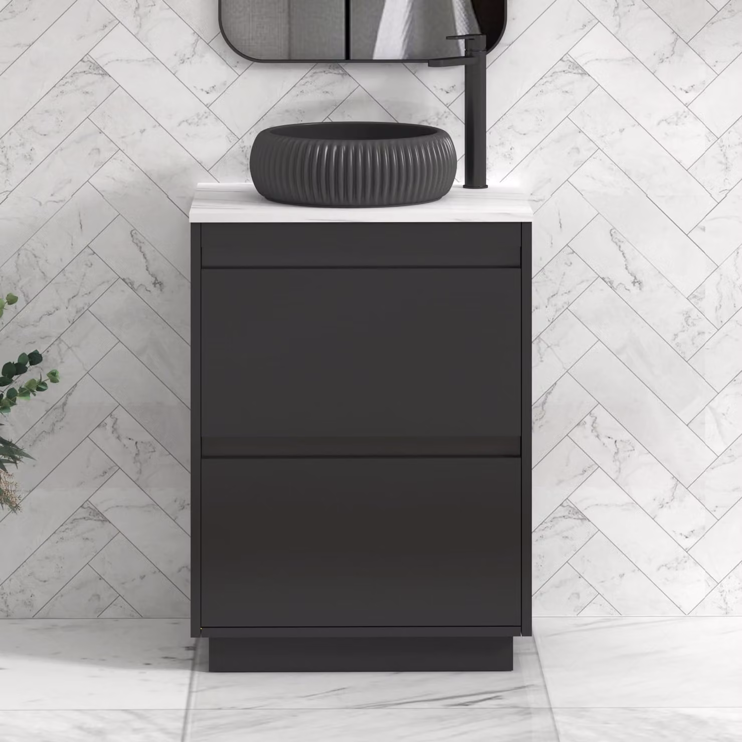 Royal Bathrooms Orion 600mm Matt Obsidian Black Floor Standing Countertop Vanity Unit with 2 Drawers and Milan Black Basin