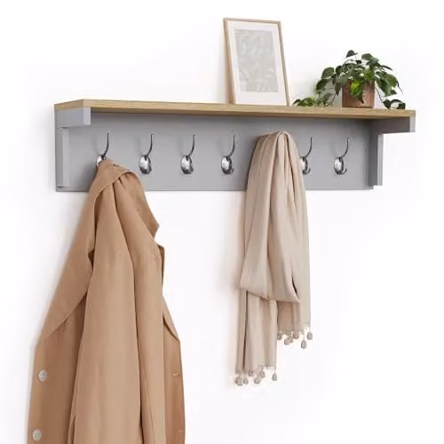 VonHaus Ash Hall Wall Mounted Coat Rack with Shelf in Grey – 1