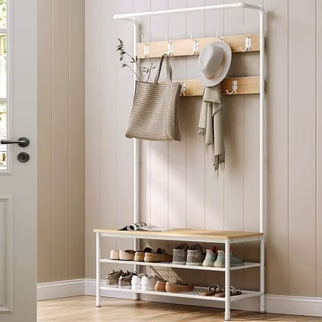 The Bazaarist Scandinavian Entryway Hall Tree Coat Rack with Shoe Storage Bench, Hanging Rail and Hooks in Oak and White