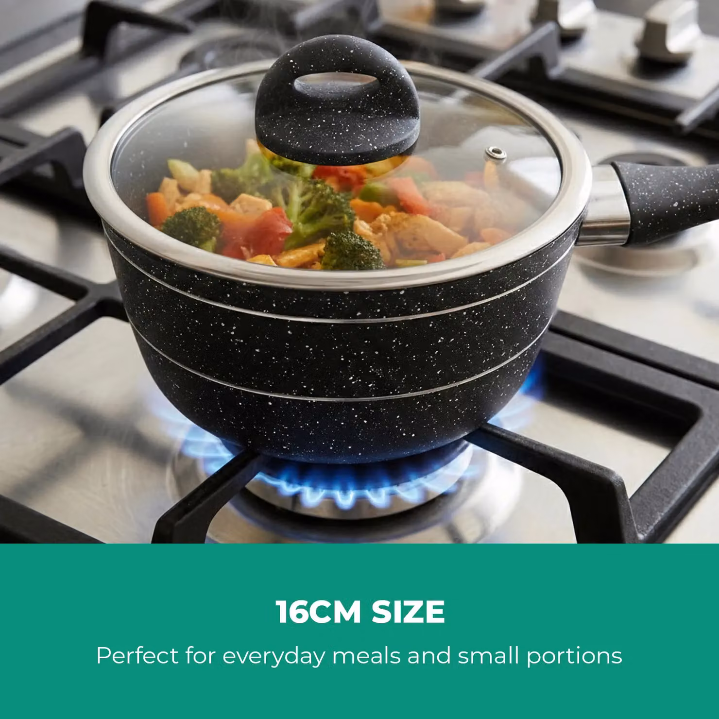 Royalford Non-Stick Granite Coating Multipurpose Saucepan with Glass Lid, Black, Diameter: 16 cm – 6