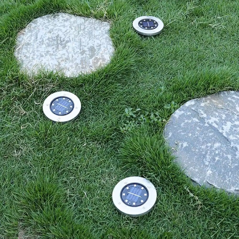 FLAVORA Set of 10 Silver Stainless Steel Solar Powered LED Ground Recessed Garden Lights with White Dusk Sensor – 3