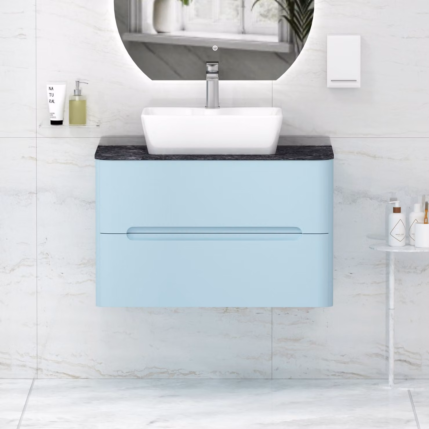Royal Bathrooms Venice 800mm Wall Hung Vanity Unit with 2 Drawers and Cube Basin in Powder Blue and Black Star Worktop