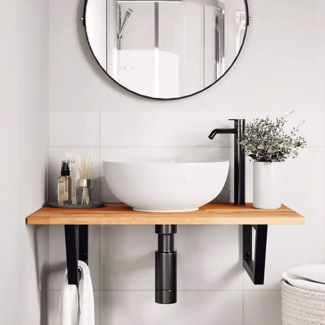 Berkfield Home Elegant Wall Mounted Basin Shelf in Brown Acacia Wood and Steel