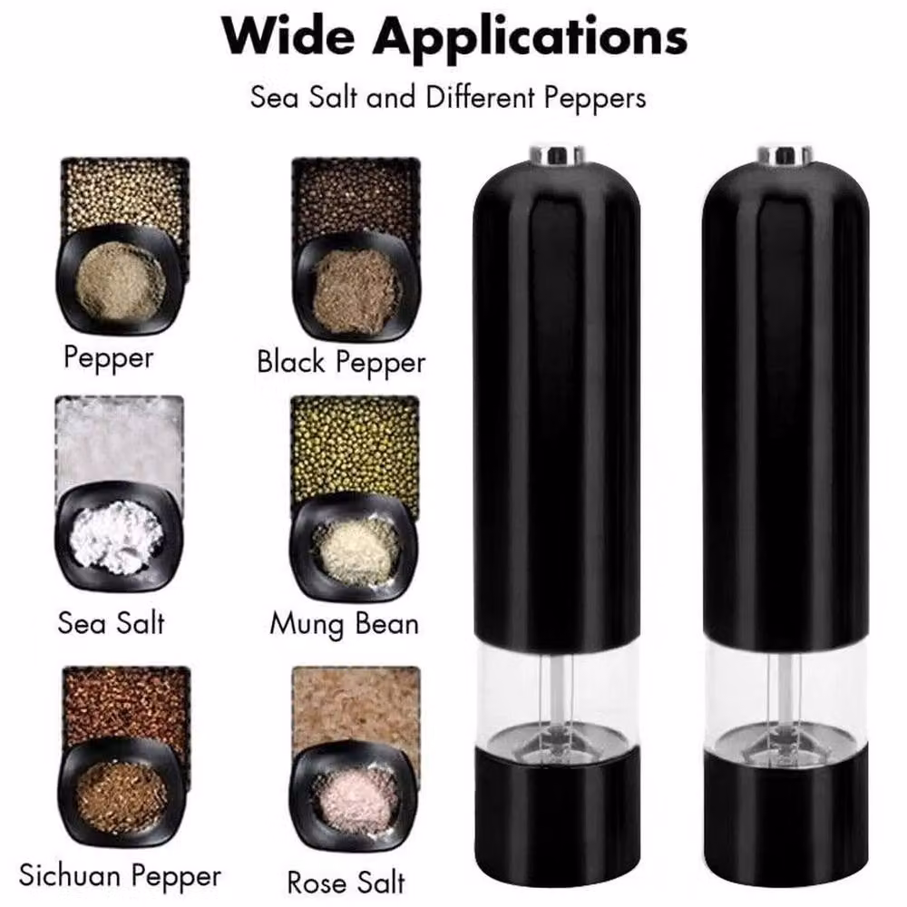 Kelvenix Set of 2 Black Electric Salt and Pepper Grinders with Adjustable Coarseness and Stainless Steel Accents – 4