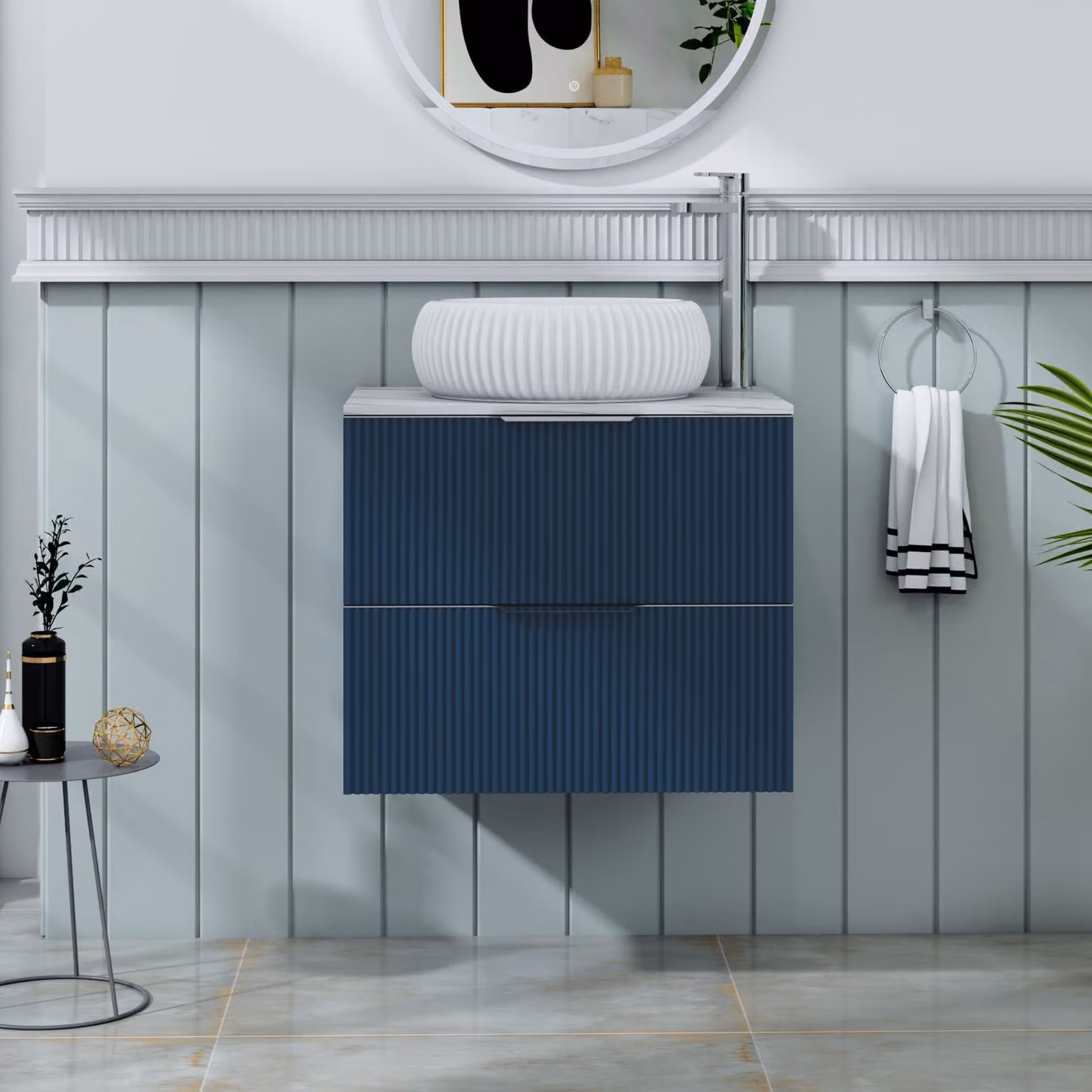 Royal Bathrooms Evora Midnight Blue Fluted Wall Hung Vanity Unit with Milan Basin and 2 Drawers
