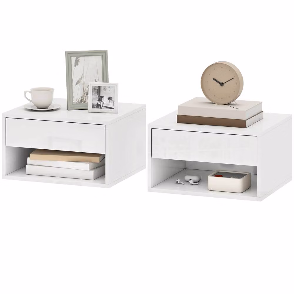STILVORA Set of 2 Glossy White Wall Mounted Floating Bedside Tables with Drawer and Shelf – 2