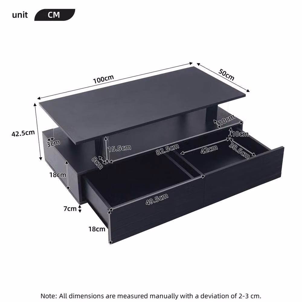 Rolipo Modern Black LED Coffee Table with 2 Drawers and Storage – 4